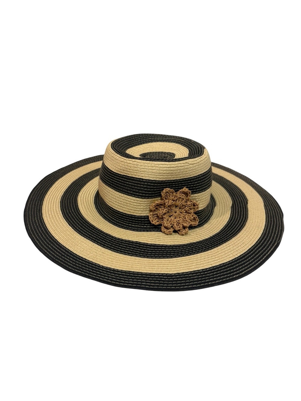 D&Y Striped Paper Straw Hat Floral Detail Wide Brim Crochet Flower Oversized